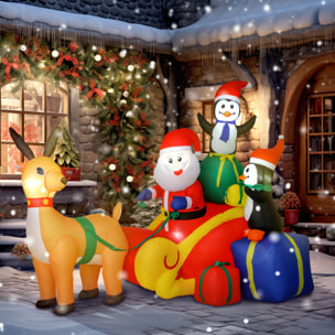 Papá Noel Hinchable con Trineo, Pingüinos y Renos, Inflables de Navidad con Luces LED, Decoración de Navidad para Exterior e Interior, 180x120x155 cm