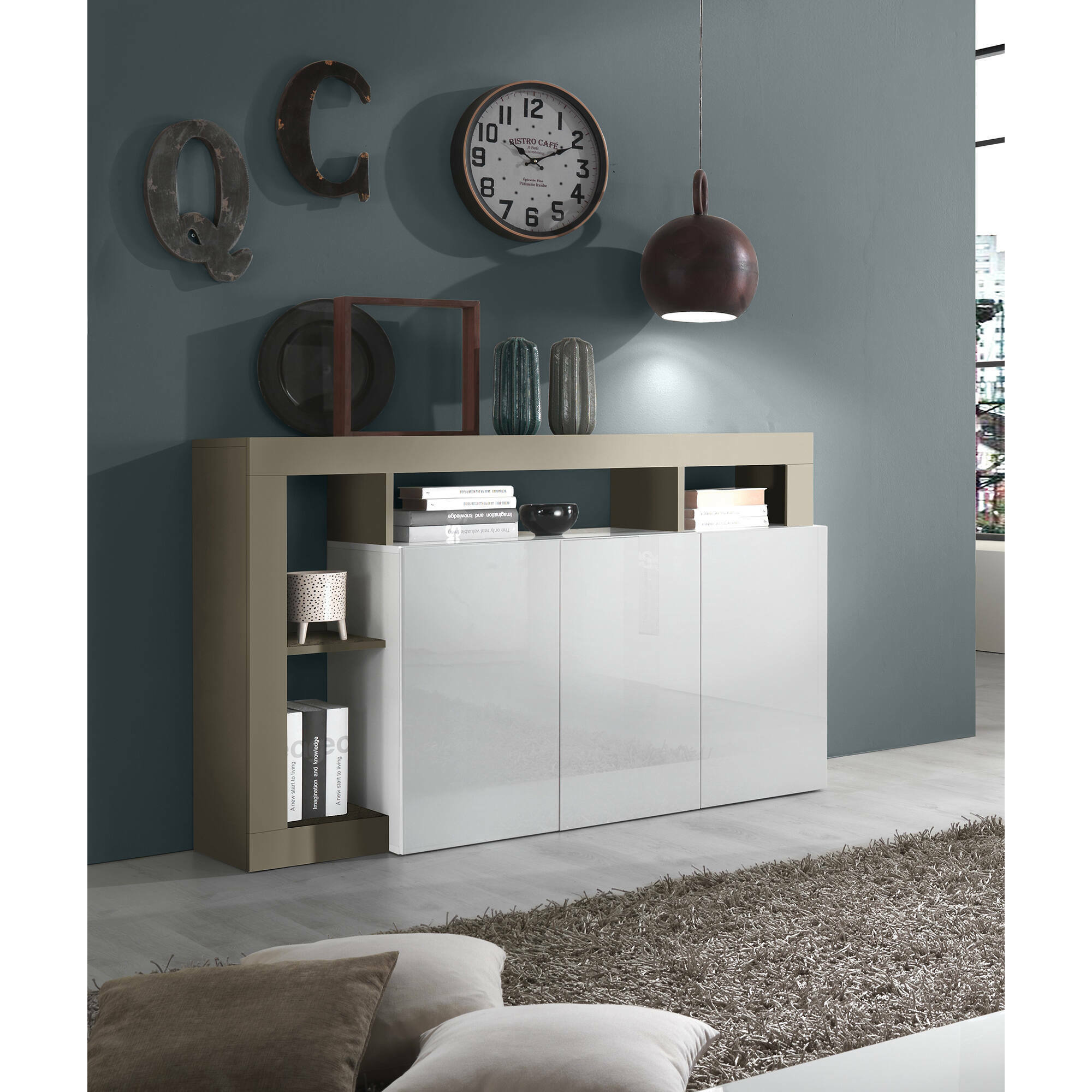 Credenza moderna a 3 ante a vani aperti, Made in Italy, Madia da cucina, Buffet di design da soggiorno, cm 146x42h93, colore Bianco lucido e Pero