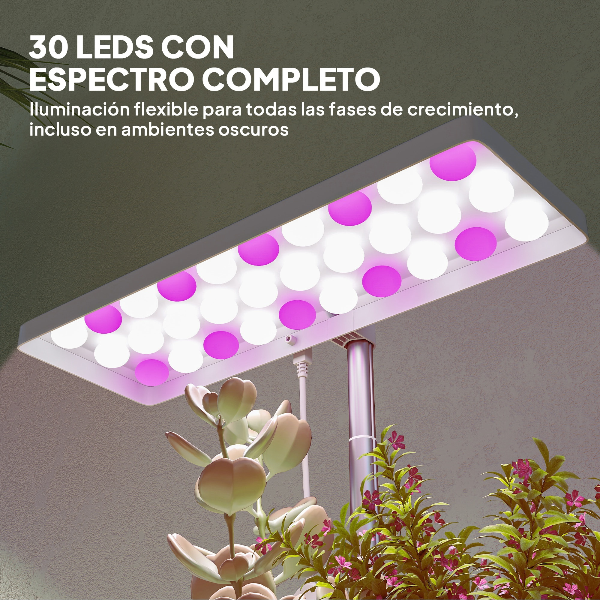 Lámpara de Planta Interior, 30 LED, Luz de Crecimiento de Espectro Completo, Ajustable en Altura con Temporizador Automático 8/12/16/24H, 5 de Brillo y 3 Cajas para Invernadero, Jardín