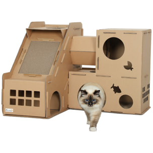 Casa para Gatos de Cartón, Forma Castillo, Rascador para Gatos de 2 Niveles con 3 Zonas de Rascado, Túnel, Rampa, Incluye Hierba, para Interior, Marrón