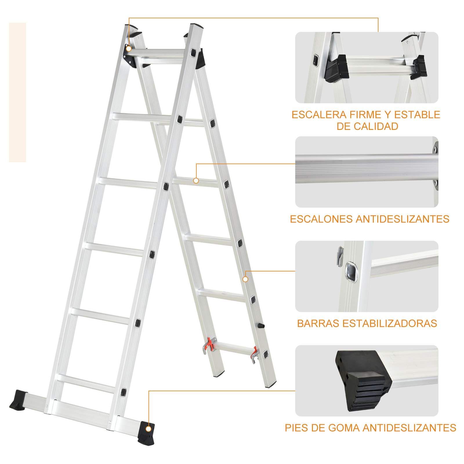 Escalera Aluminio con Estructura Triangular de Tijera Plegable Portátil 2 Formas de Uso Pie Antideslizante Articulación Rail Máx. 150kg Altura 160-249cm Plata