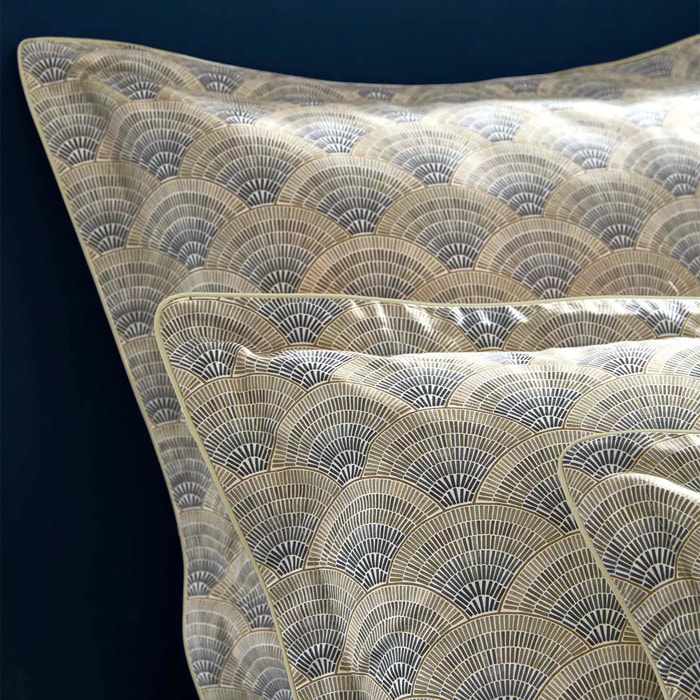 Taie d'oreiller satin de coton imprimé beige Eventails argile