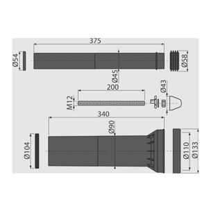 Manchon de raccordement WC long de 30 cm, 90mm + pièce de raccordement 45 mm (M9000)