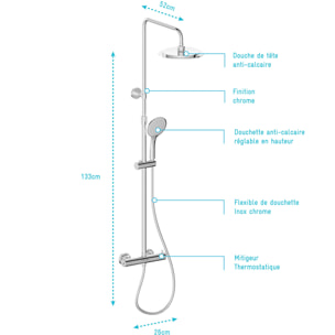Colonne de douche Thermostatique finition Chrome 133x26x52 cm - MOLLY CHROME