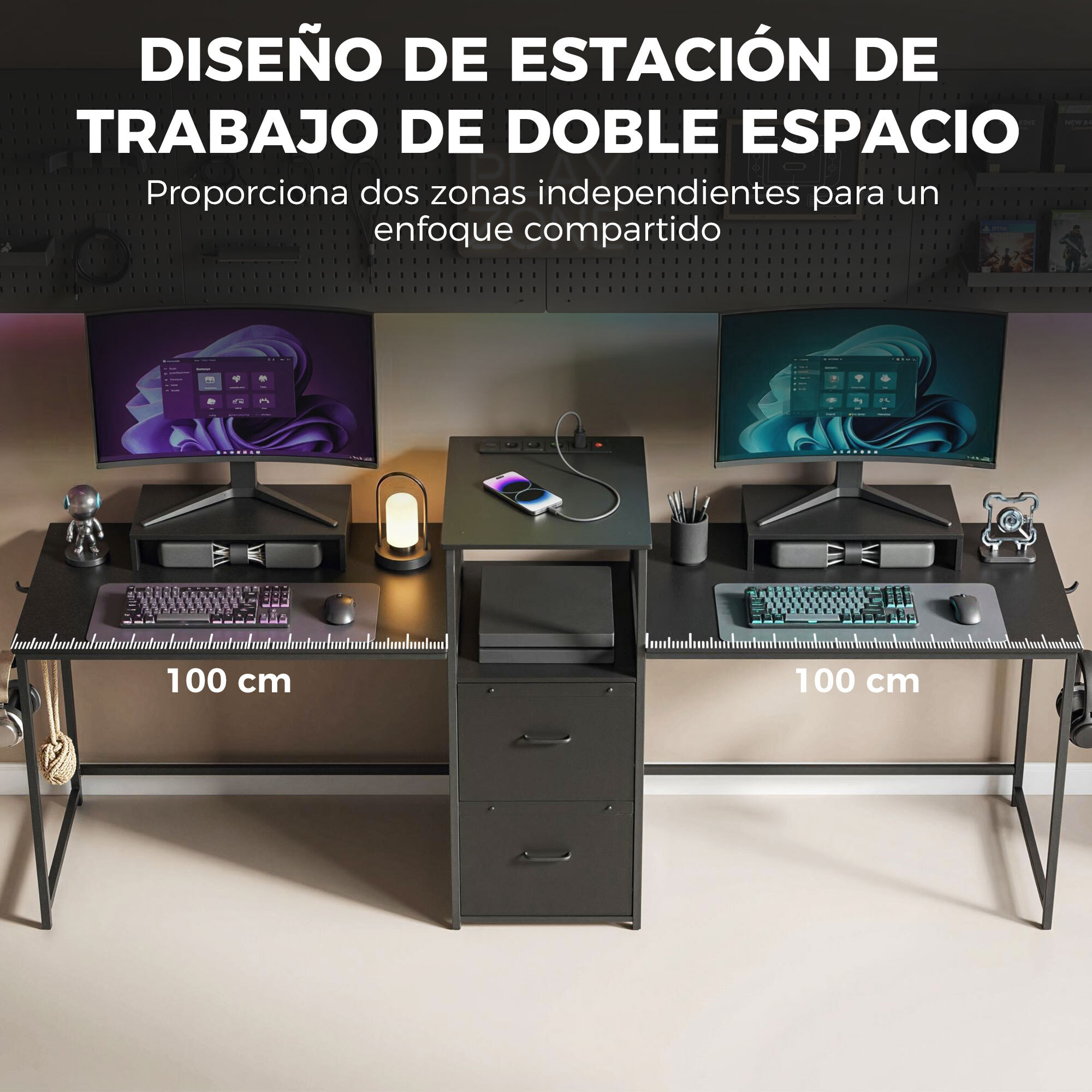 Mesa Gaming Doble, Escritorio Extralargo de 244 cm, Mesa Gamer con Estación de Carga, Puertos USB, Soportes para Monitor, Cajones de Tela y Ganchos para Auriculares, Negro