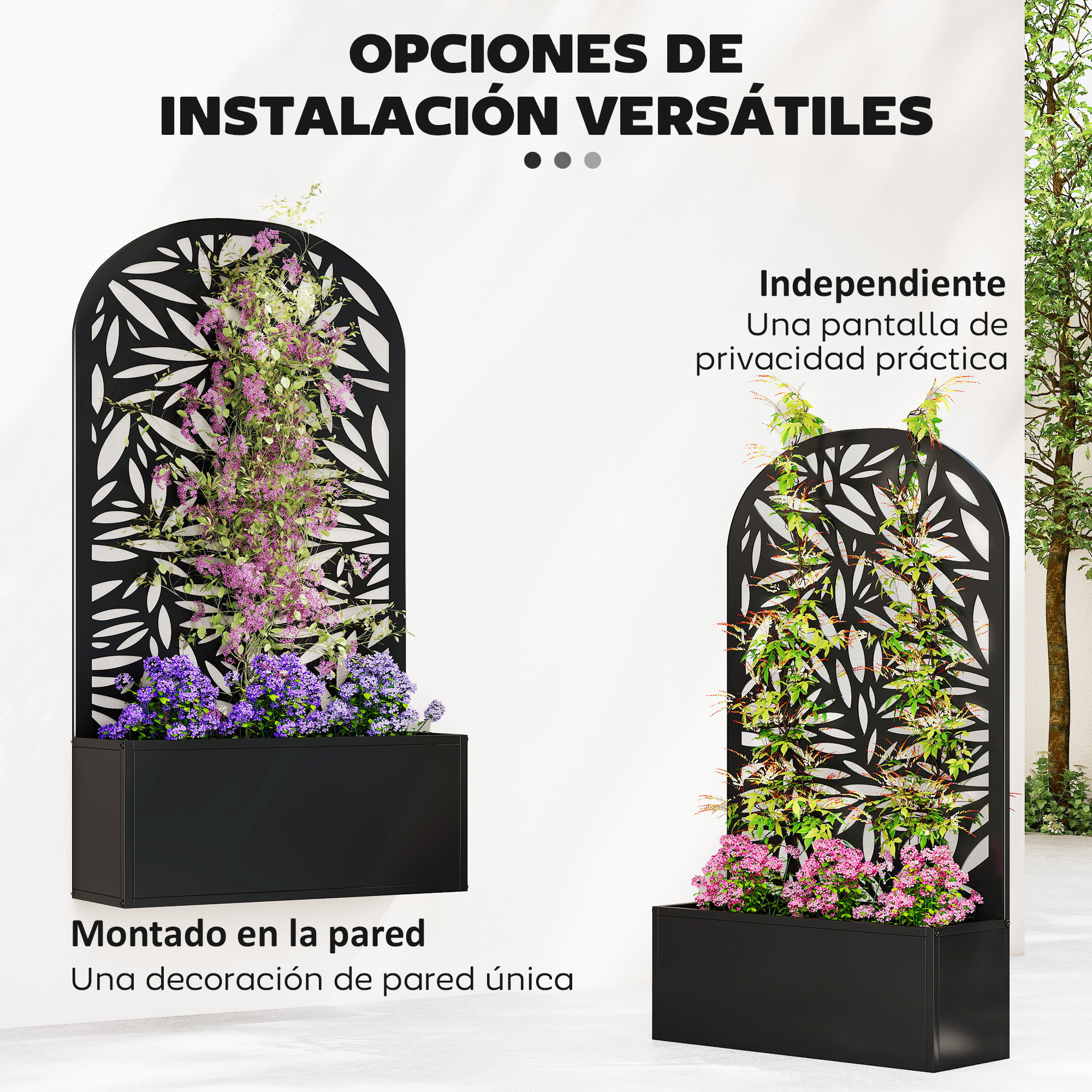Jardinera Exterior Grande de Metal, Jardinera con Pantalla de Privacidad Curva de Hojas Decorativas, Macetero de Pared o Independiente para Plantas Trepadoras, Patio, 61x23x113 cm, Negro