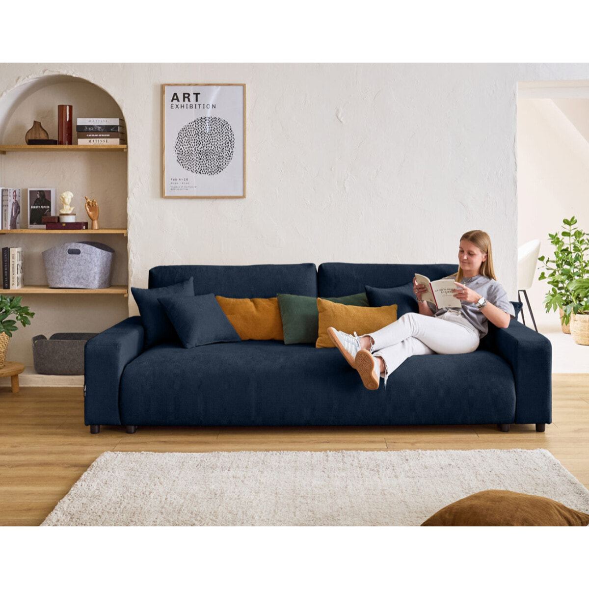 Pivoine - canapé droit 3 places - convertible avec coffre - en velours texturé - Bleu
