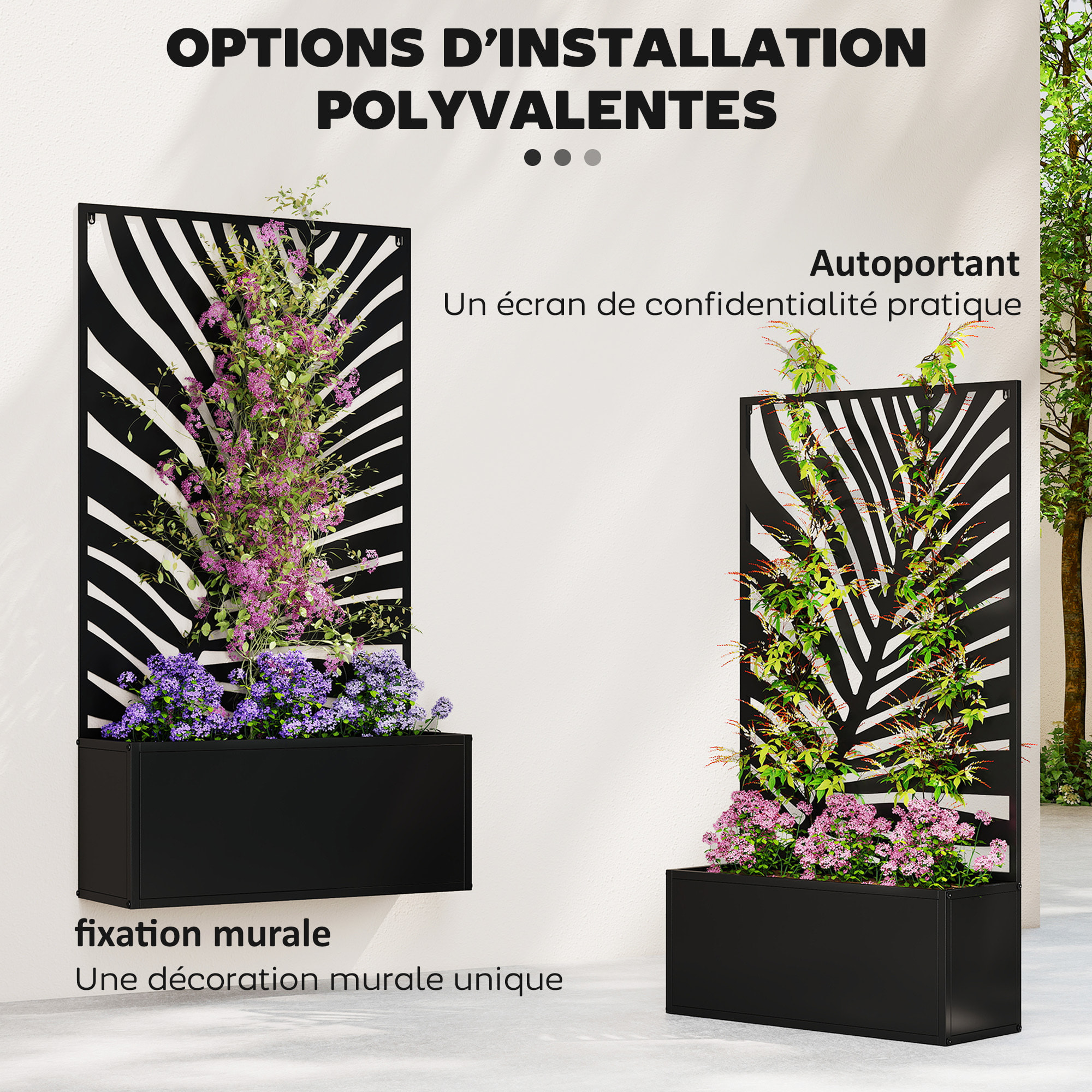 Jardinière treillis haut design graphique feuillage 61 x 23 x 113 cm métal époxy noir