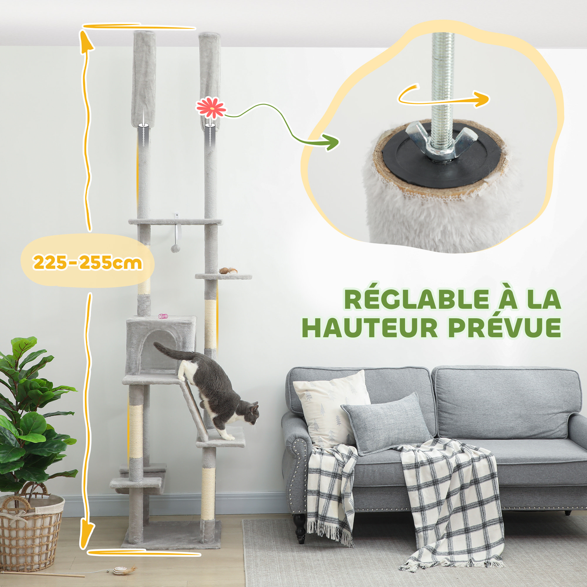 Arbre à chat du sol au plafond XXL, hauteur réglable 225-255 cm, griffoir pour chat en sisal à 6 niveaux avec niche, hamac, plates-formes, échelle et 2 pompons suspendues, gris clair