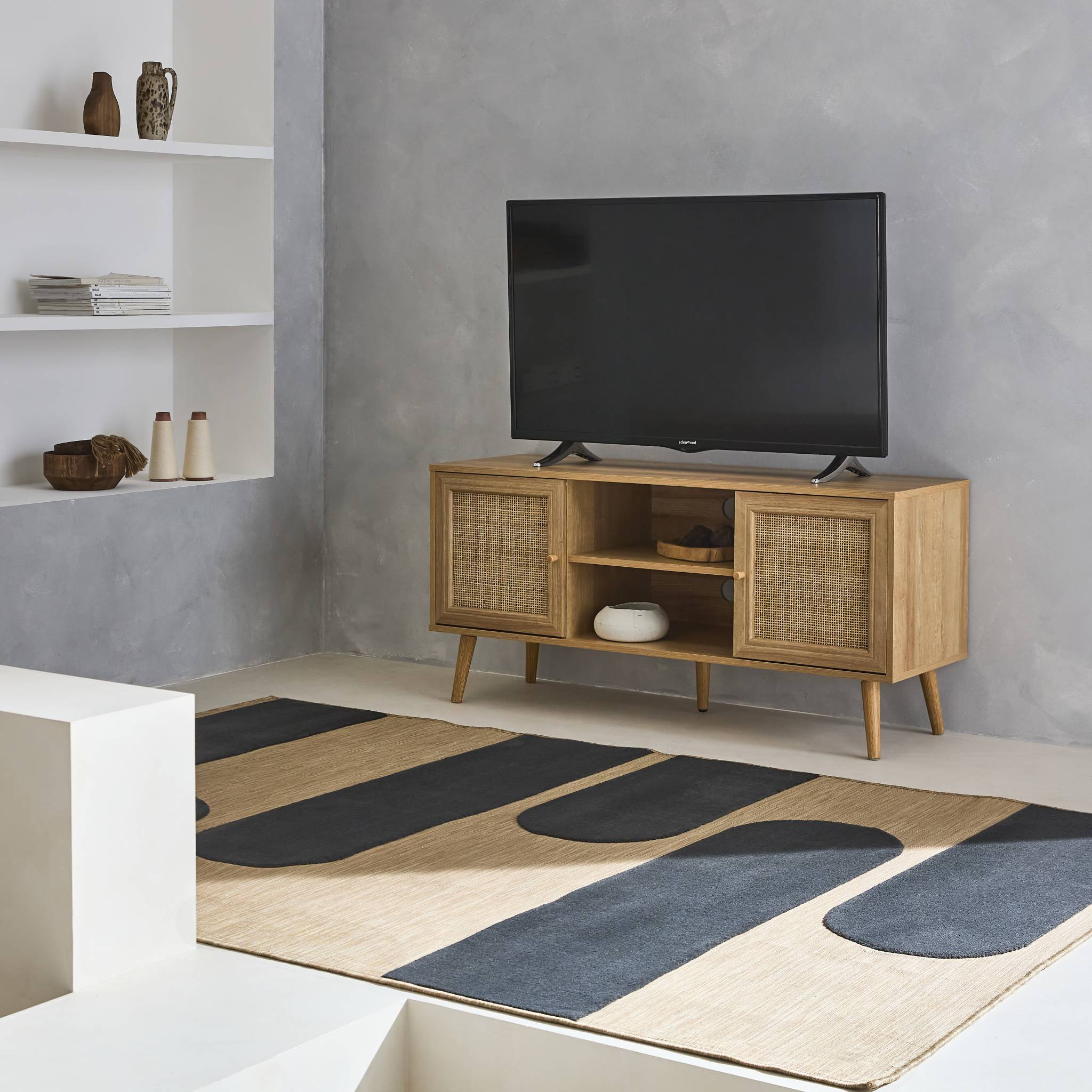 Meuble TV scandinave cannage 2 portes 120cm BOHÈME