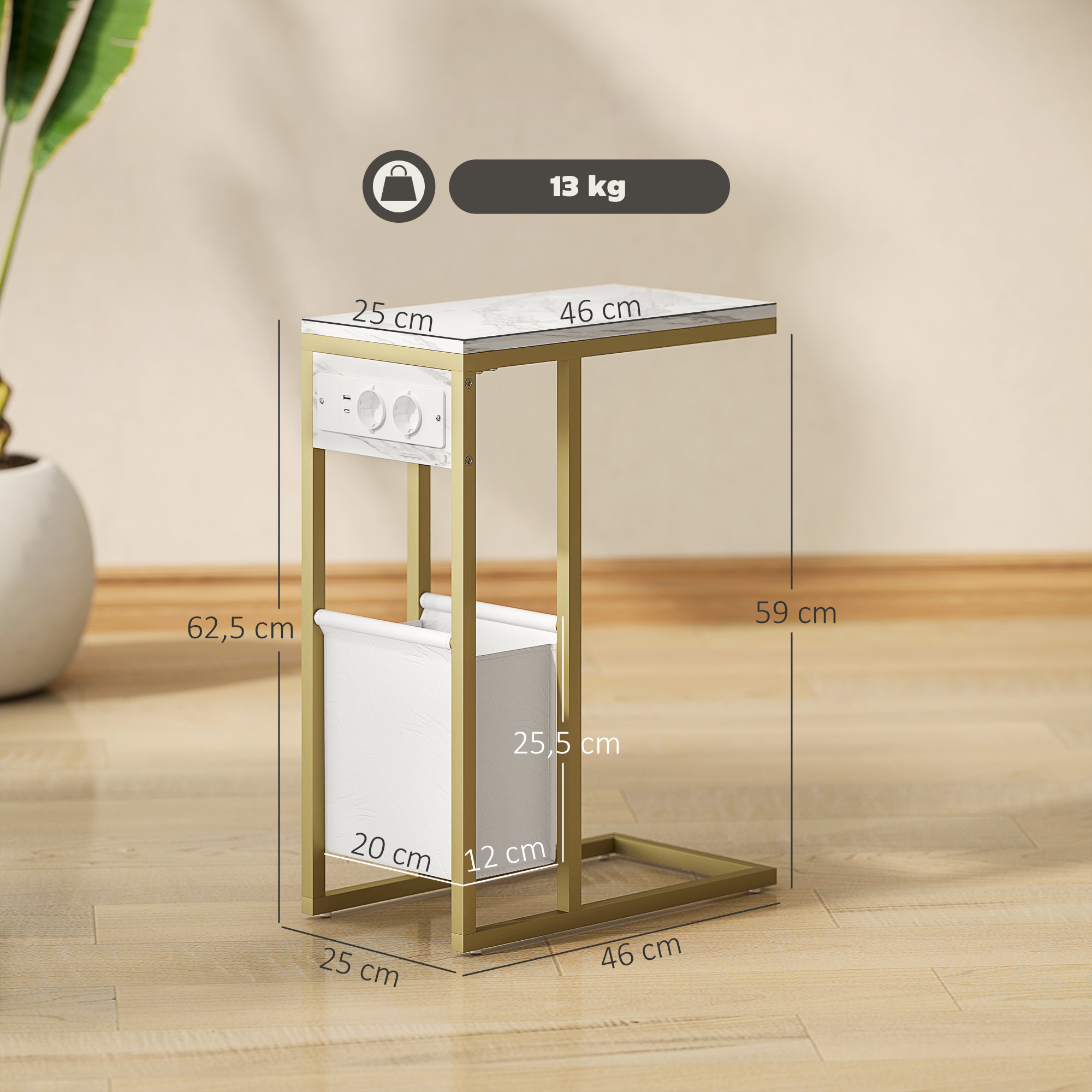 Table d'appoint avec station de charge secteur + USB - panier tissu intégré - acier doré effet marbre blanc