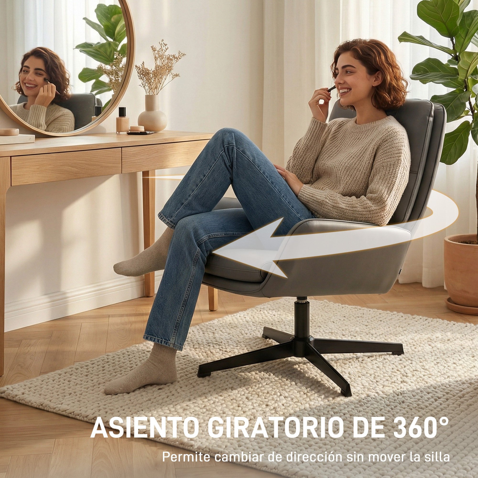 Sillón Giratorio, Butaca de Salón Tapizado en PU, Sillón Lectura con Asiento Acolchado, Reposabrazos, Patas Metálicas, para Sala de Estar, Dormitorio, Gris