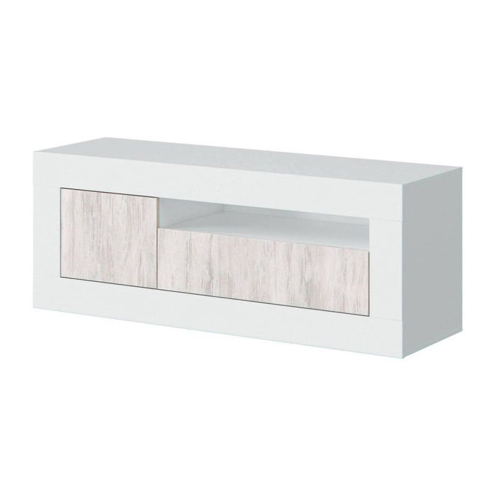 Mobile porta TV Kunzite, Credenza per televisione da soggiorno, Supporto TV a 2 ante, 139x42h53 cm, Rovere e Bianco