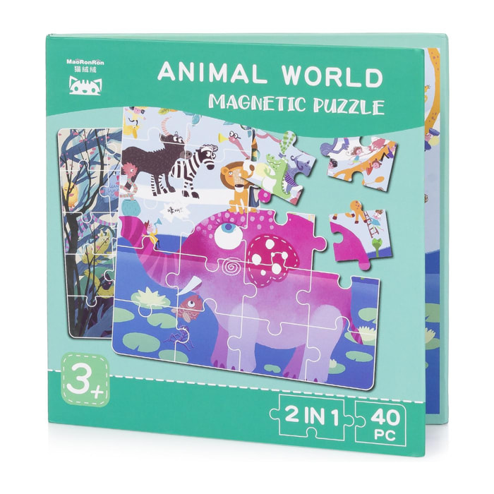 Puzzle di design Animal World di 40 pezzi magnetici. Formato a libro, 2 puzzle da 20 pezzi in 1.