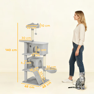 Árbol Rascador para Gatos, Árbol para Gatos 140 cm, Torre Escalador con Múltiples Plataformas, Cama, 2 Cuevas, Hamaca, Escalera, Postes de Sisal, Bolas para Jugar, Gris Claro