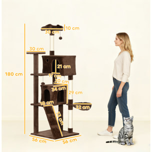 Árbol Rascador para Gatos, Árbol para Gatos 180 cm, Torre Escalador con Múltiples Plataformas, Cama, 2 Cuevas, Hamaca, Escalera, Postes de Sisal, Bolas para Jugar, Marrón