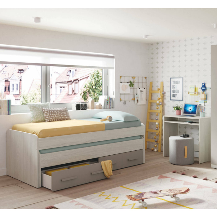 Letto per bambini Cupido, Struttura letto per cameretta, Letto singolo con lettino estraibile e 4 cassettoni, 198x96h69 cm, Bianco e Marrone