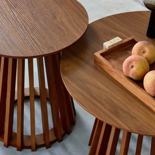 Set de 2 tables basses rondes décor bois et bois de sapin Ø40cm et Ø60cm CLARA