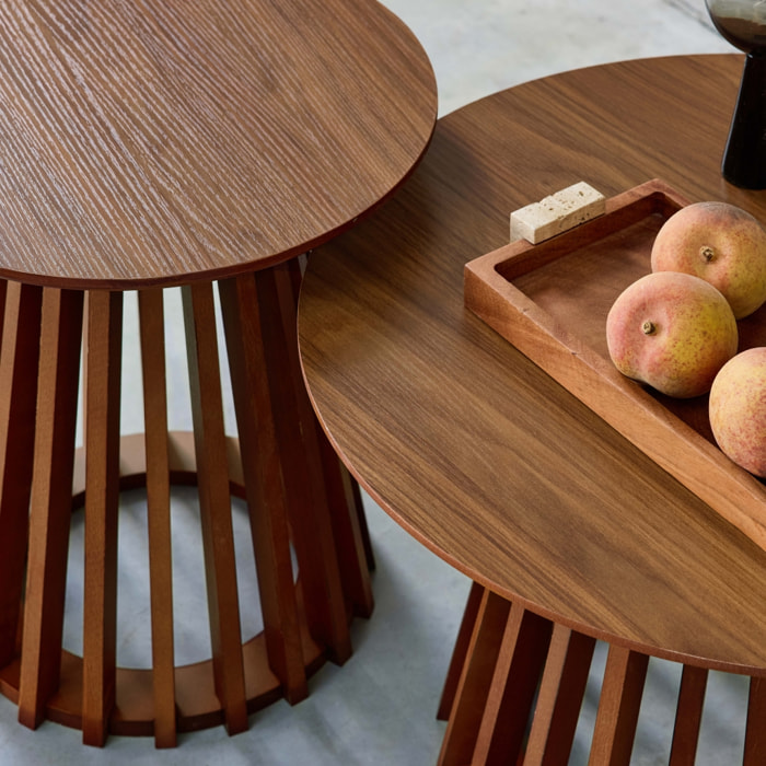 Set de 2 tables basses rondes décor bois et bois de sapin Ø40cm et Ø60cm CLARA