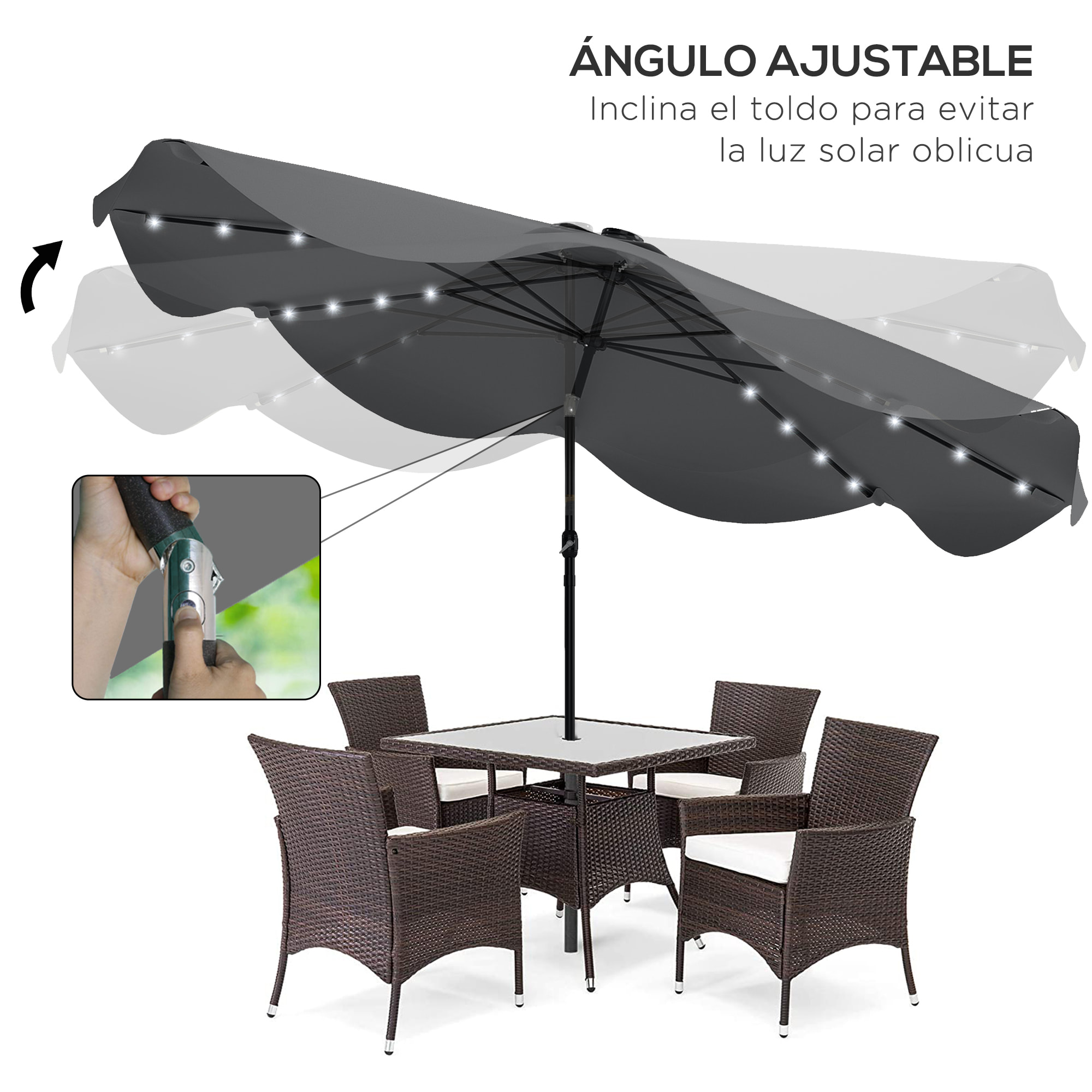 Sombrilla de Jardín Ø292x254 cm Parasol de Terraza Manual con 32 Luces LED Solares 8 Varillas Ángulo Ajustable Impermeable y Rejillas de Ventilación para Patio Balcón Gris Oscuro