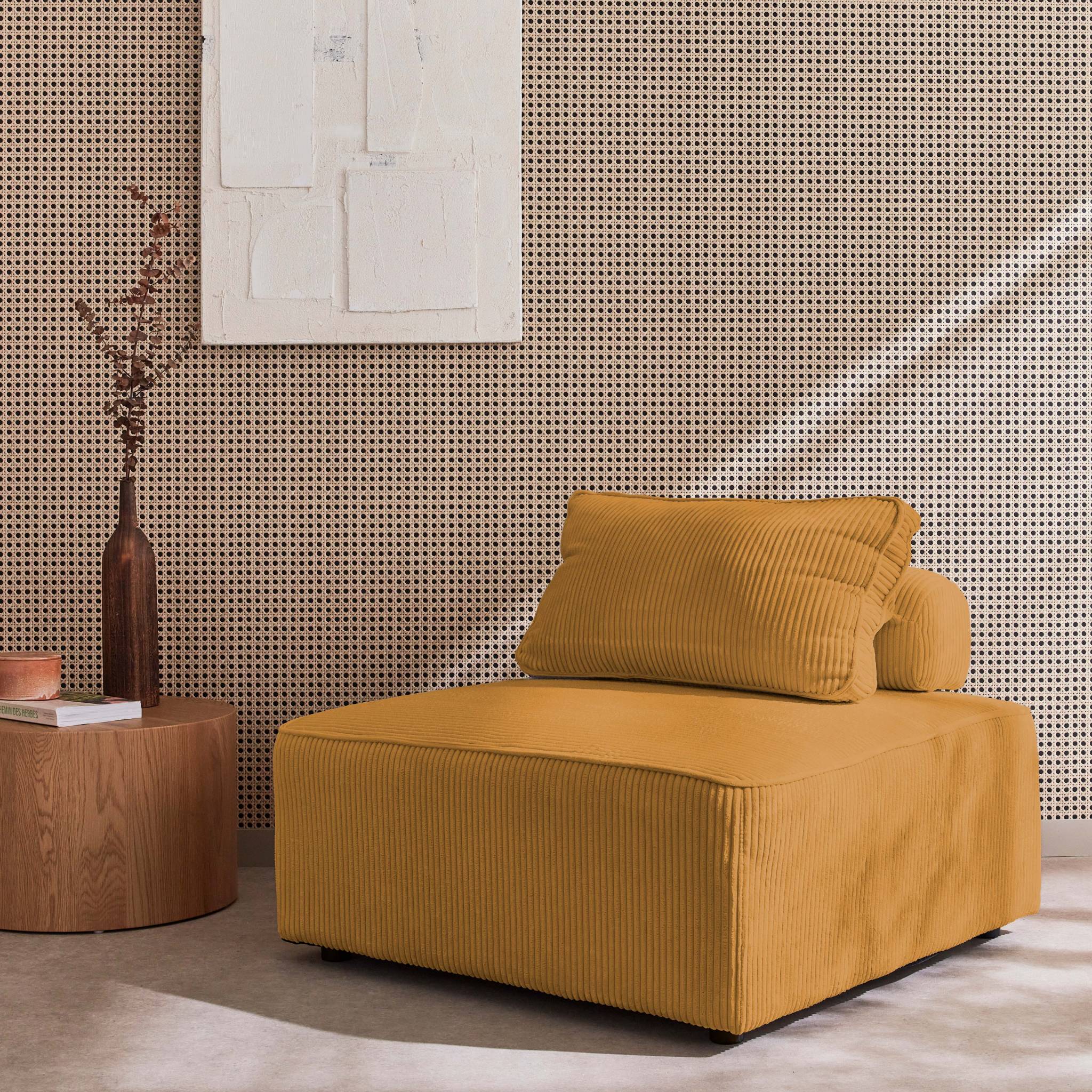 Chauffeuse  pour canapé modulable velours côtelé moutarde avec un coussin