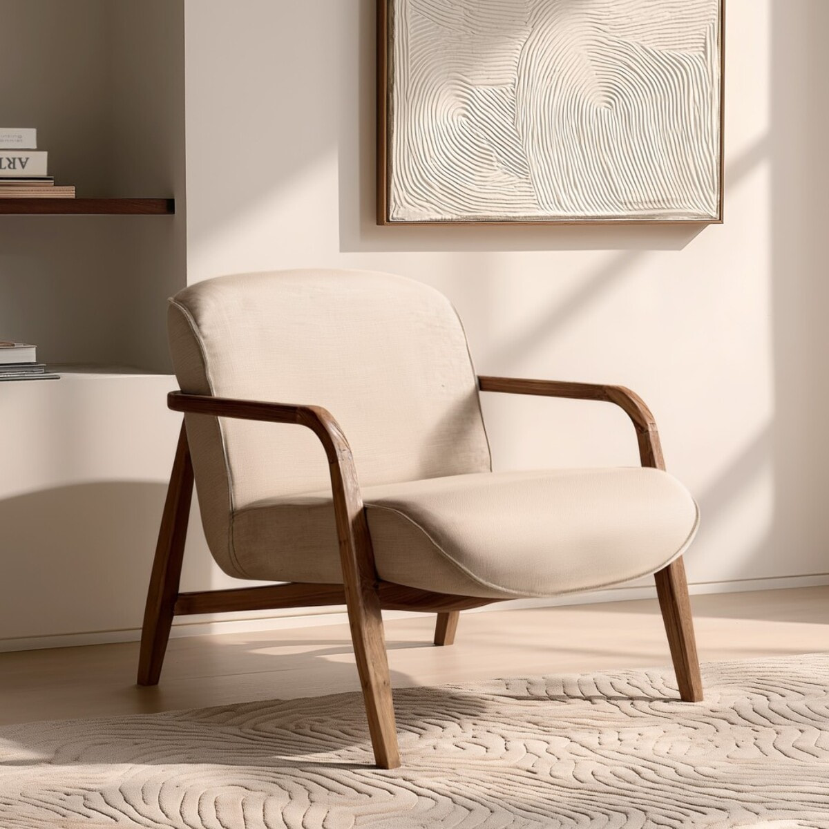 SIXTINE - Fauteuil en tissu beige et bois de teck recyclé