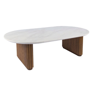 Table basse ovale bois d'hévéa plateau effet pierre GABRIELLE
