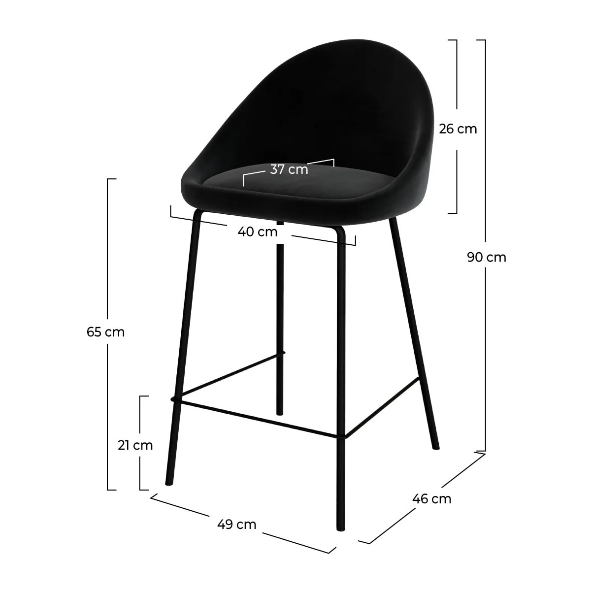 Lot de 2 chaises pour îlot central 65 cm en velours noir - Misty