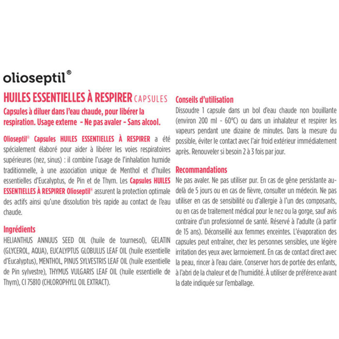 OLIOSEPTIL - Capsules Huiles Essentielles à Respirer - Association de menthol et d'huiles essentielles - Aide à Dégager le Nez & le Sinus - Assainit le Système Respiratoire - Lot de 2 produits