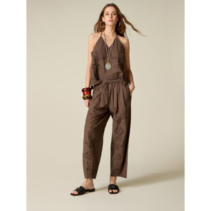 Oltre - Pantaloni cropped in cotone traforato - Marrone