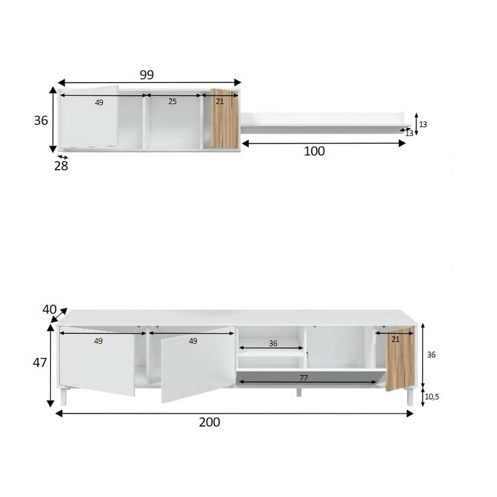 Mobile porta TV Woonsocket, Armadietto soggiorno con ante, Armadio pensile con mensola, Credenza multiuso, 200x40h47 cm, Bianco e Rovere