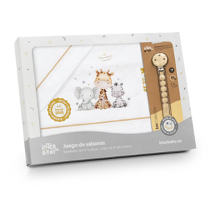 Juego de Sábanas para Cuna mod. Estampado Jirafa Elefante con Broche Muselina