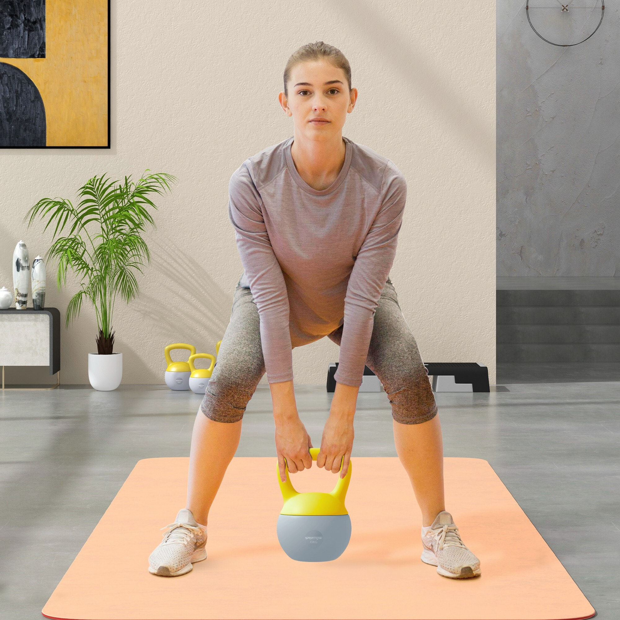 Kettlebell 6 Kg - prise ergonomique - entraînement musculaire & haltérophilie - PVC gris jaune