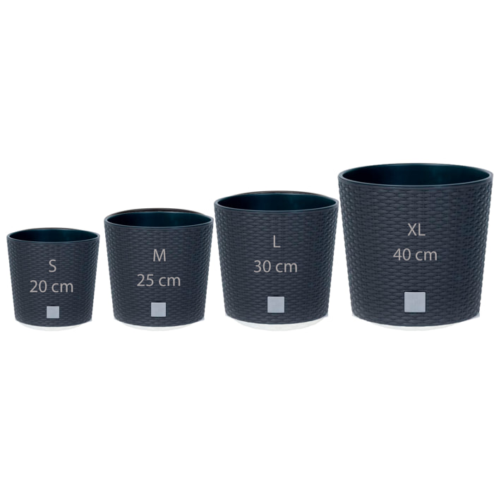 Pack 4 macetas negras redondas effecto rattan  (4,7/8,7/15,3/37,65 litros)