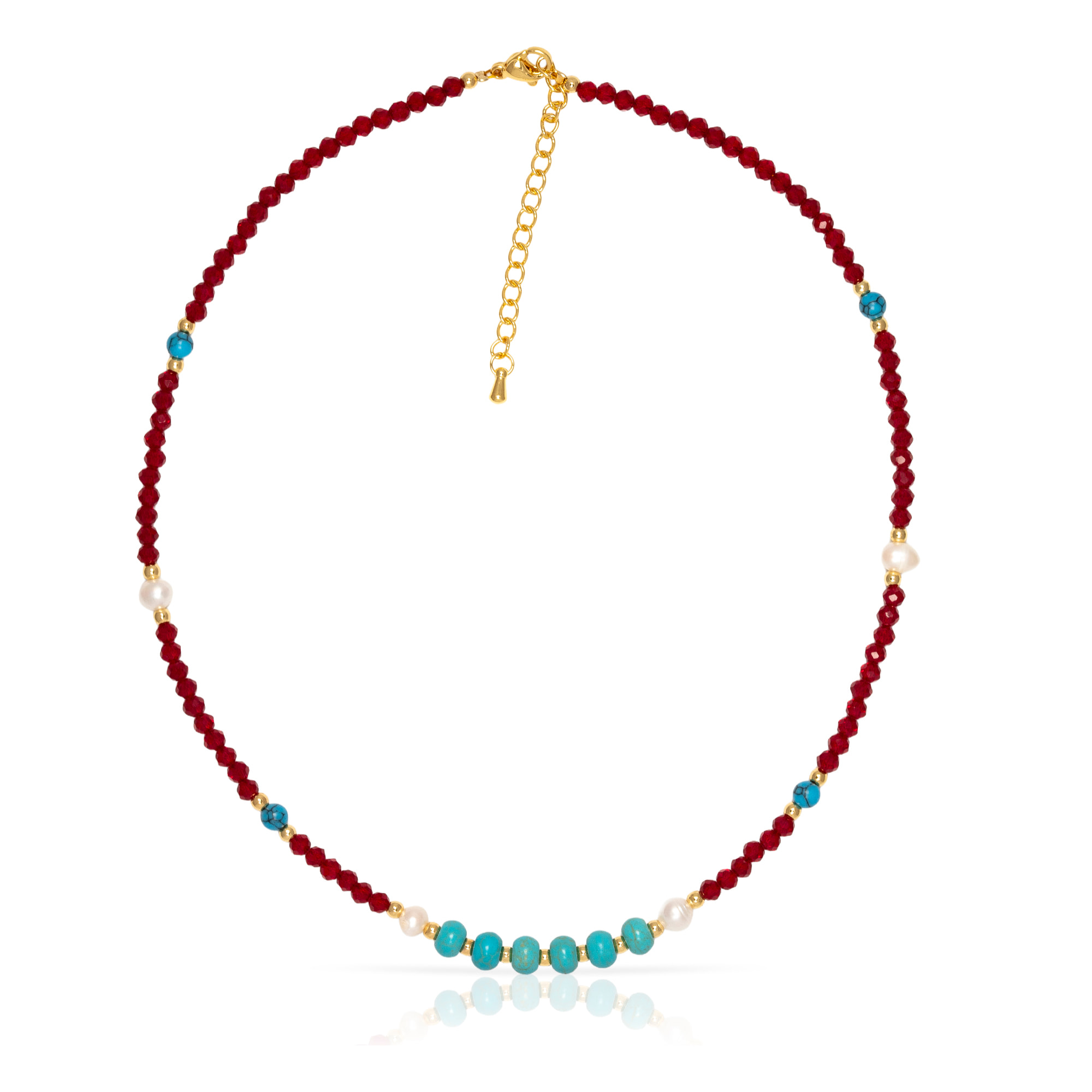 Collar de turquesa, cristal y perlas naturales con cierre de mosquetón.