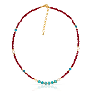 Collar de turquesa, cristal y perlas naturales con cierre de mosquetón.