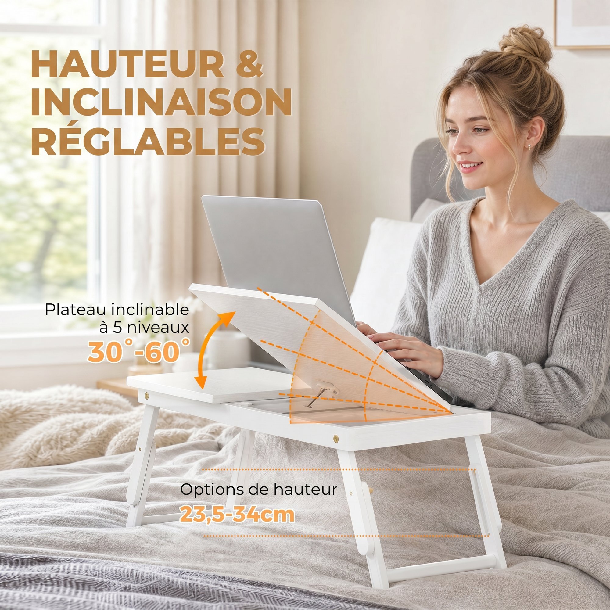Table de lit pliable réglable pour ordinateur - plateau inclinable, tiroir - bois bambou MDF blanc