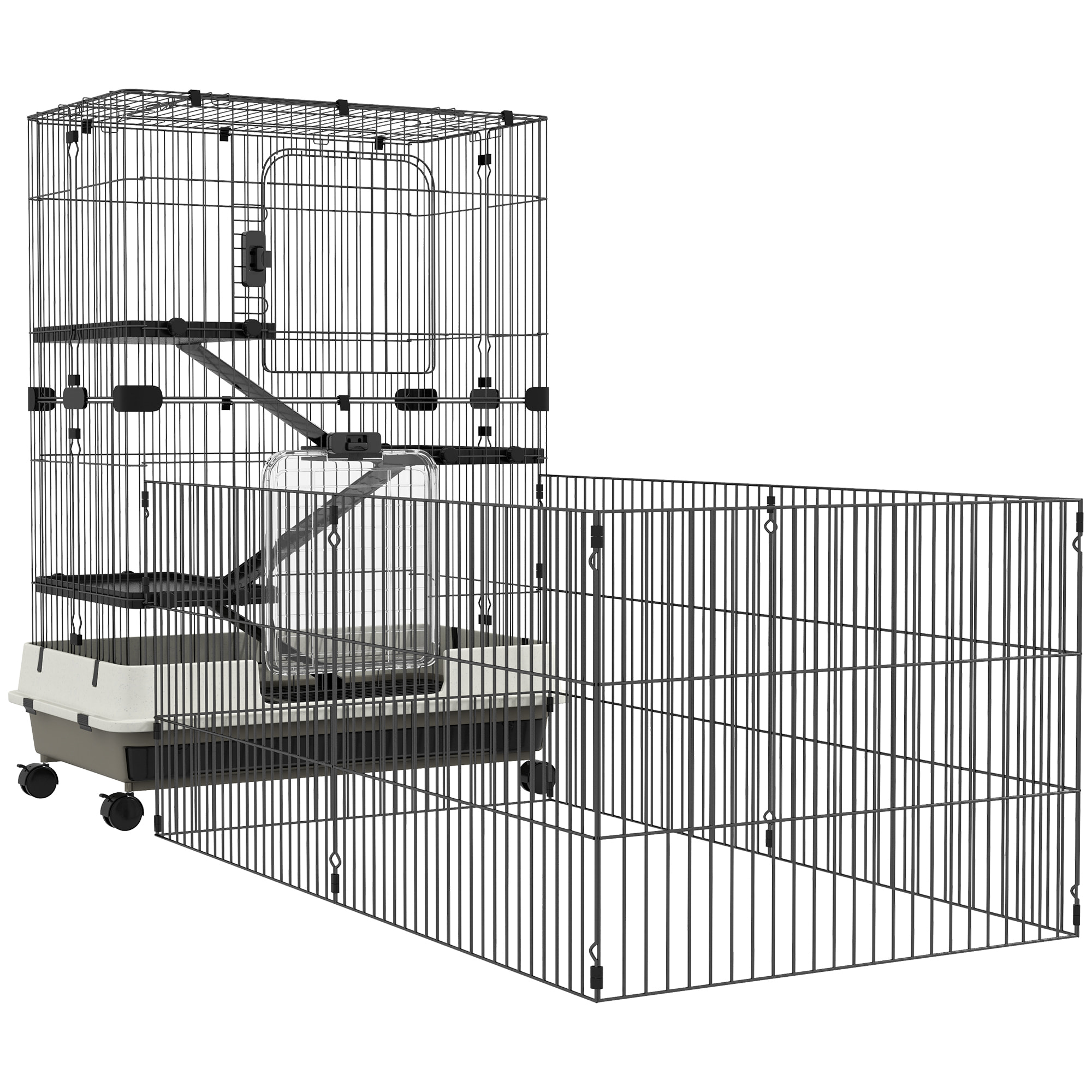 Cage pour petits animaux roulante 3 plates-formes démontables 3 rampes plateau inférieur amovible métal PP 182 x 81 x 114 cm noir