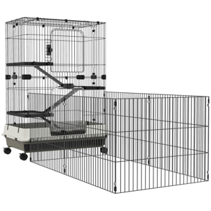 Cage pour petits animaux roulante 3 plates-formes démontables 3 rampes plateau inférieur amovible métal PP 182 x 81 x 114 cm noir