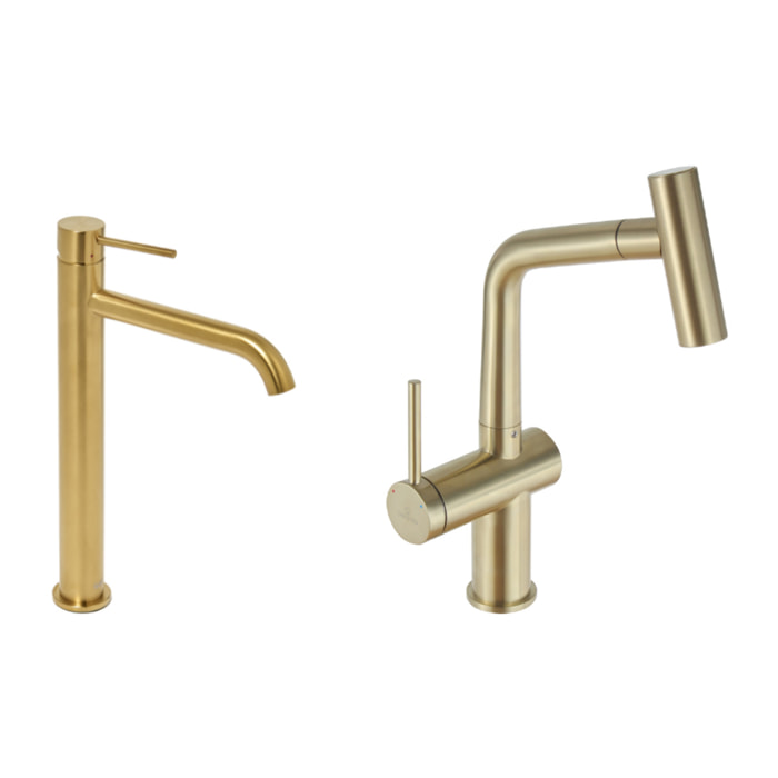 Aurum set mitigeur lavabo haut + mitigeur cuisine Ceramia Timeless acier inoxydable, douchette extractible, or  (SATBA185BG)