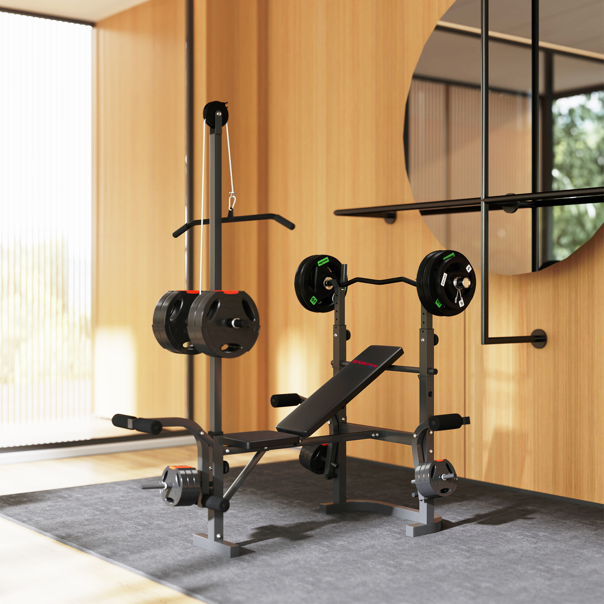 Banco de Musculación Multifuncional Inclinable, Banco de Pesas, Press Banca con Soporte para Barra Ajustable, Extensión Piernas, Curl de Predicador, Mariposa, Entrenamiento en Casa, Gimnasio