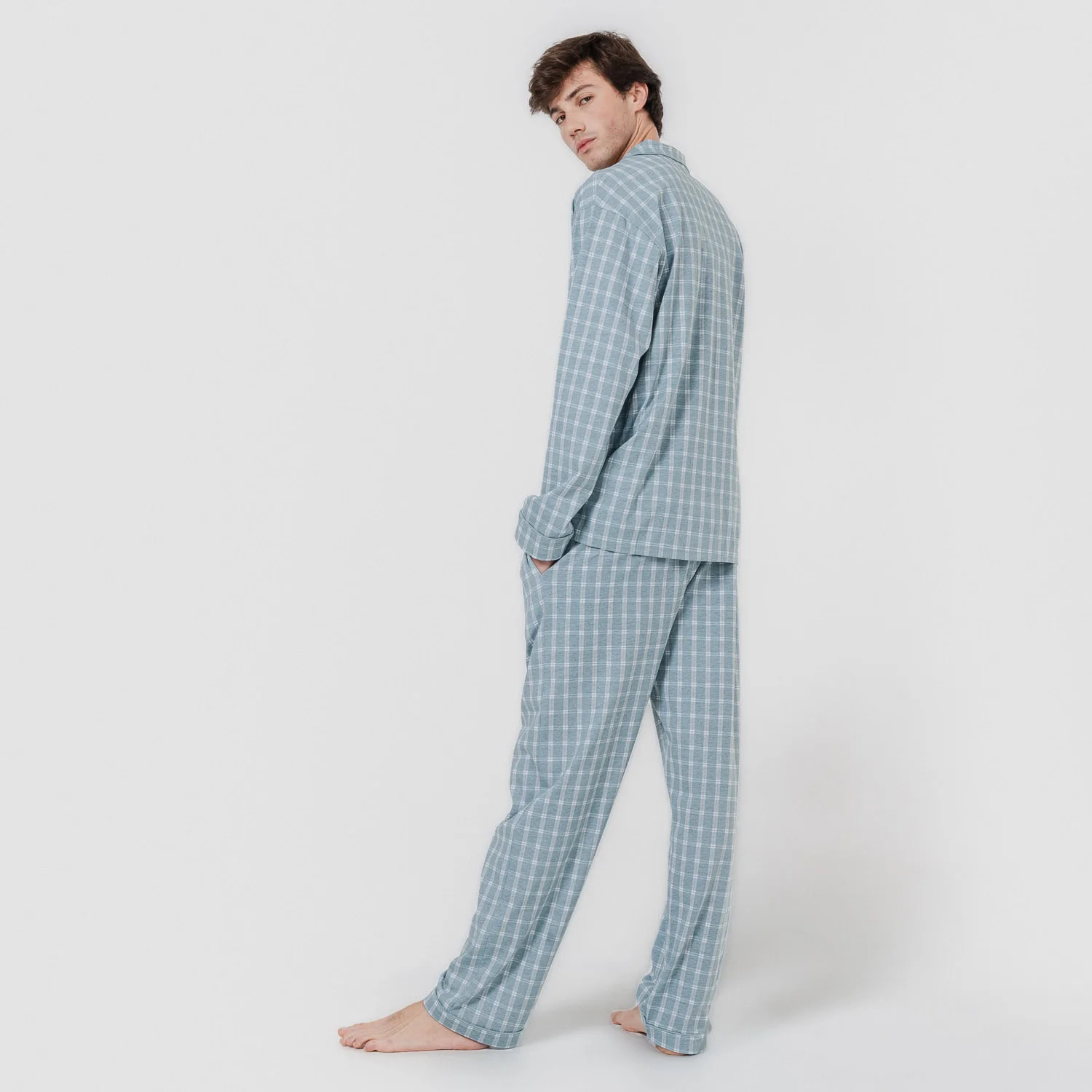 Pigiama lungo in cotone stile camicia, fantasia verde acqua roc