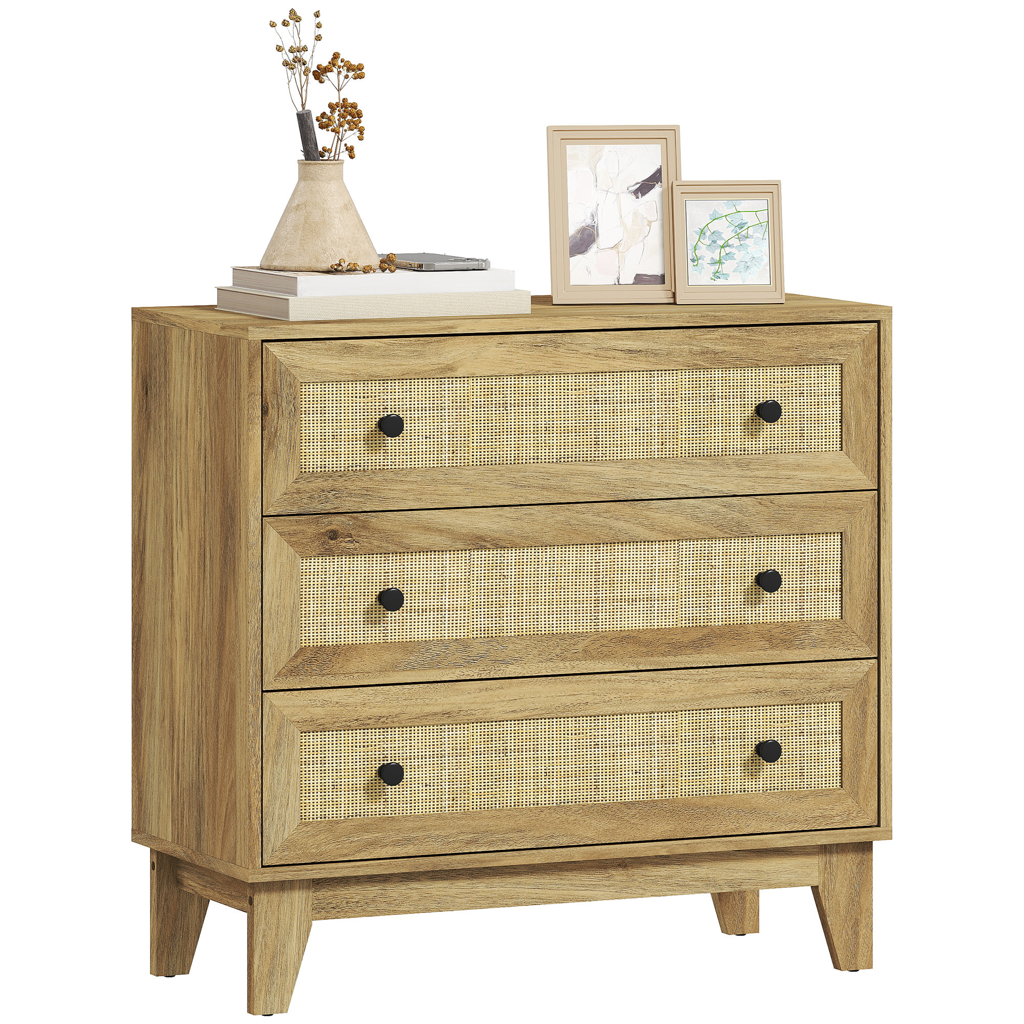 Cómoda con 3 Cajones Cómoda Dormitorio Estrecha con Frontales de Ratán y Patas Elevadas Cajonera para Salón Oficina 80x35x76 cm Natural