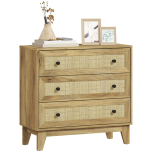 Cómoda con 3 Cajones Cómoda Dormitorio Estrecha con Frontales de Ratán y Patas Elevadas Cajonera para Salón Oficina 80x35x76 cm Natural
