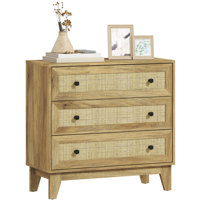 Cómoda con 3 Cajones Cómoda Dormitorio Estrecha con Frontales de Ratán y Patas Elevadas Cajonera para Salón Oficina 80x35x76 cm Natural