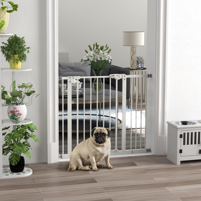 Barrera de Seguridad para Perros Extensible 74-94 cm, para Puertas y Escaleras, Barrera para Perros Medianos, Cierre Automático Montaje a Presión Doble Bloqueo 1 Extensión 14 cm, Blanco