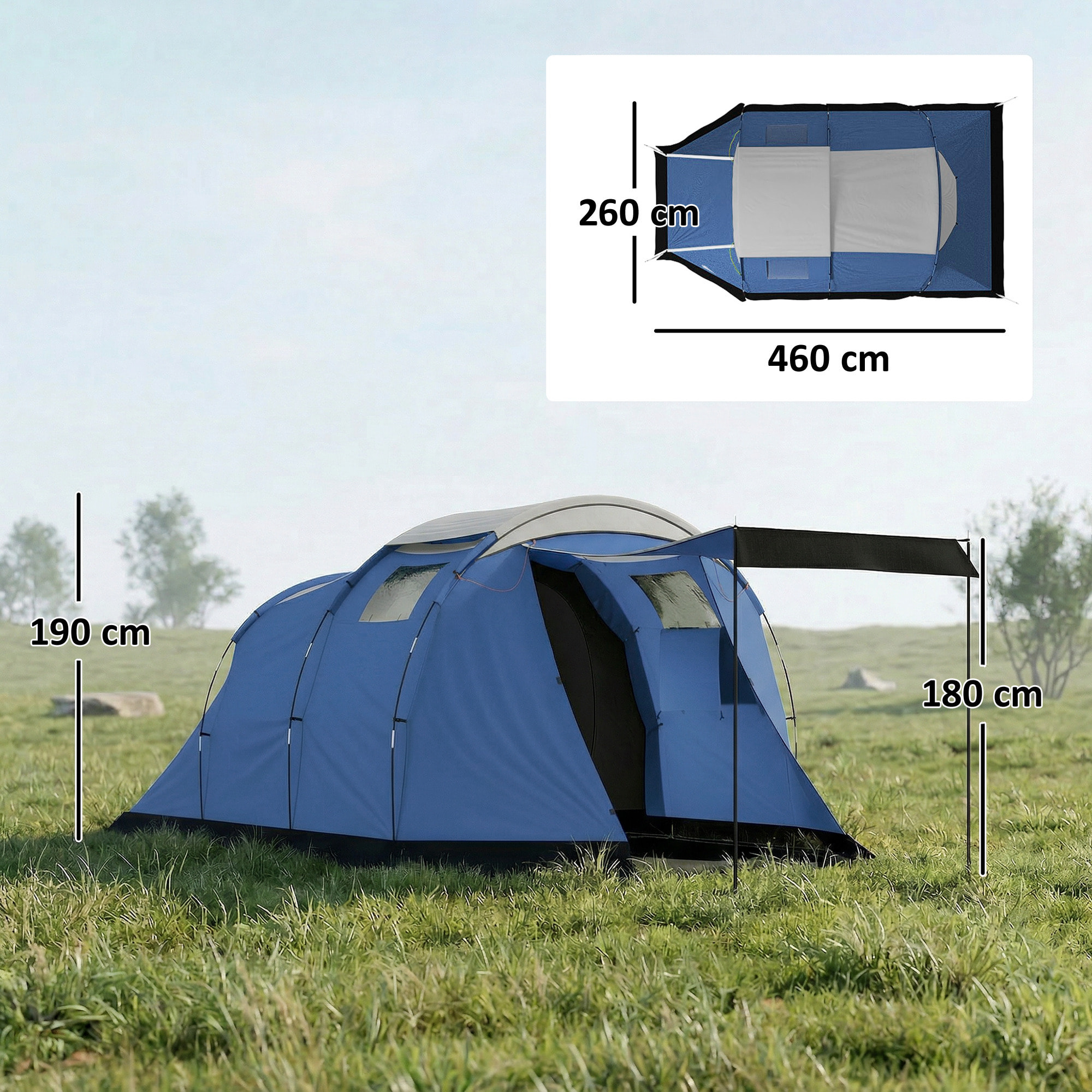 Tente de camping tunnel 4 pers. imperméable 3000mm chambre séjour auvent