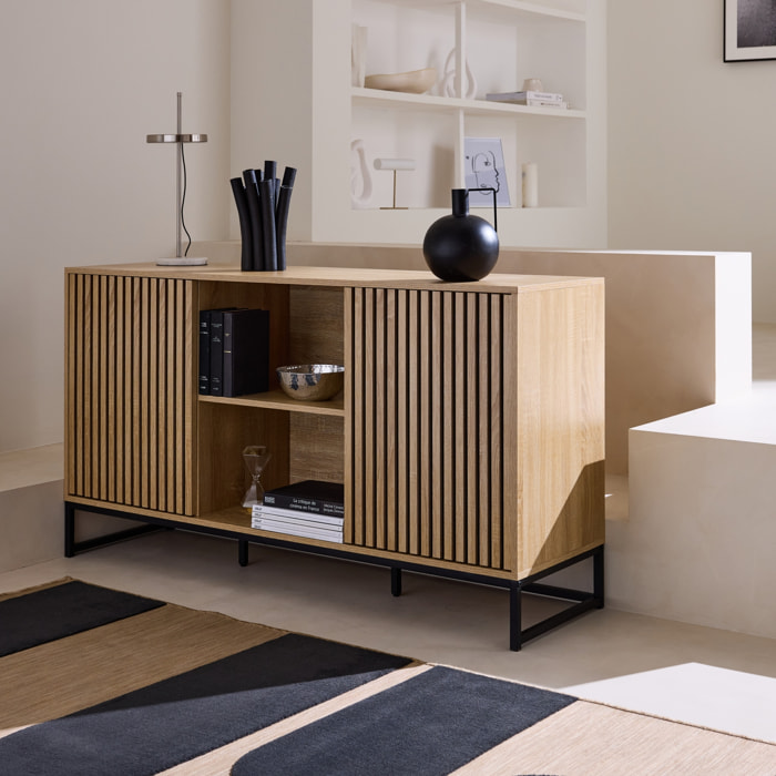 Buffet décor bois rainuré et métal 2 portes 140cm LISBONNE