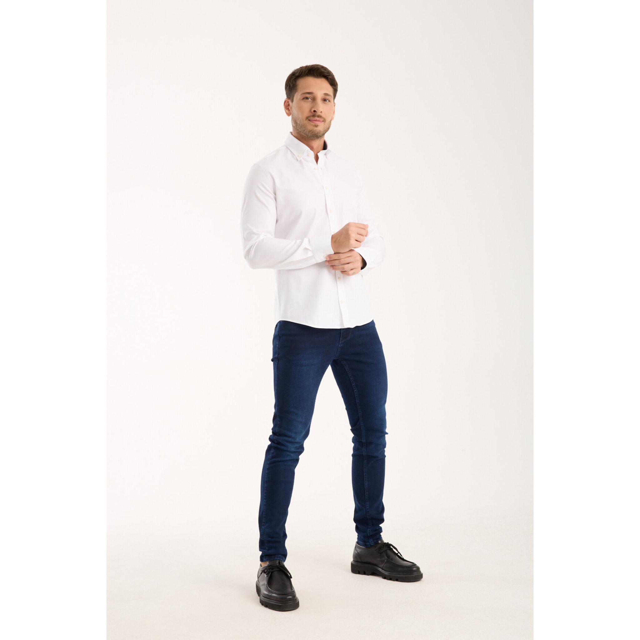 camicia uomo 1 bottone button down slim Armaturato Fantasia Bianco e Bianco