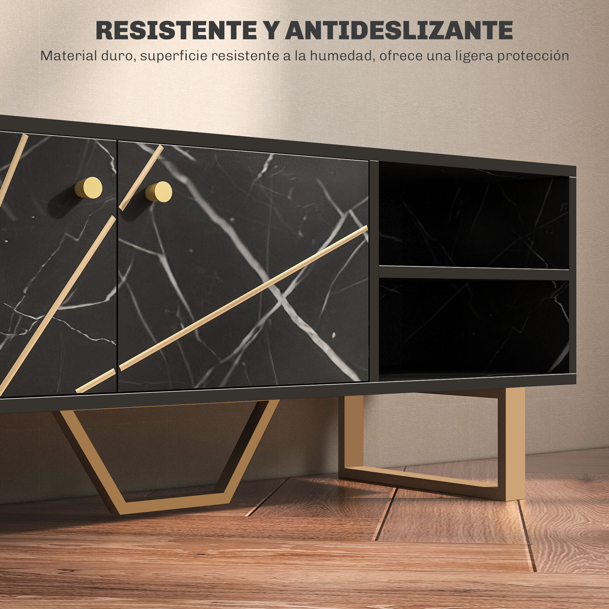 Mueble de TV Mesa de TV con 2 Puertas Estante Ajustable y Efecto Mármol Mueble de TV para Salón para Televisores de 50 Pulgadas Negro y Dorado